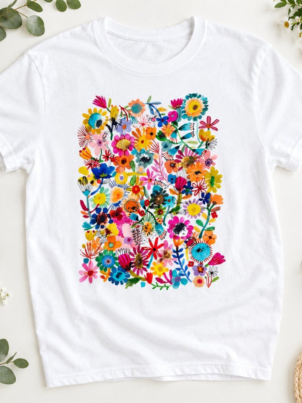 Colorful Watercolor Wildflower Womens T-Shirt Floral Graphic Boho Ladies Tee
